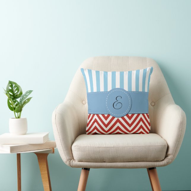 Red Zigzag, Chevron, Blue Stripes, Monogram Cushion (Chair)