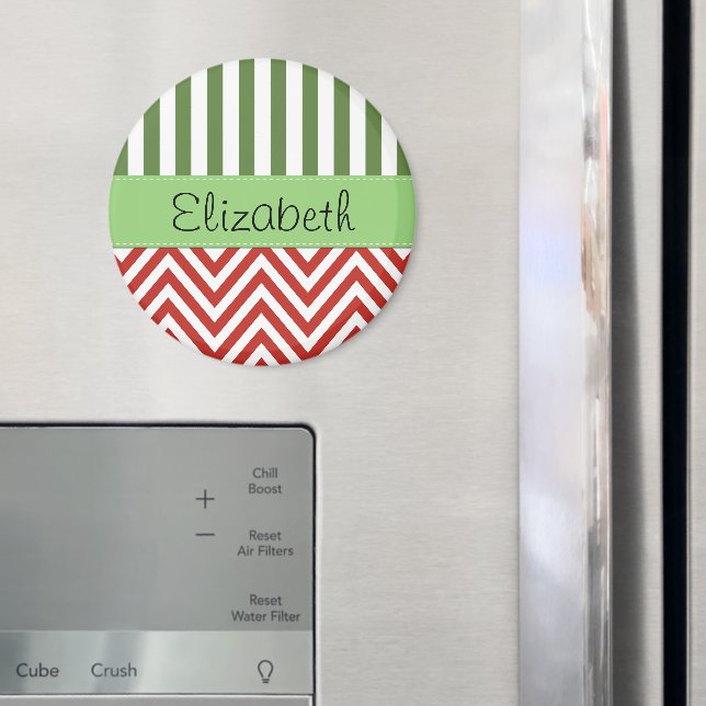 Red Zigzag, Chevron, Green Stripes, Your Name Magnet (In Situ (Fridge))