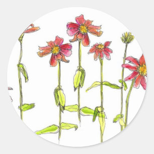 Red Zinnia Flowers Watercolor Floral Art Classic Round Sticker