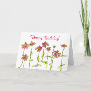Red Zinnia Watercolor Flowers Happy Birthday Card