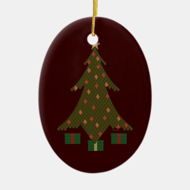 redBG, quiltedTreeSolo Ceramic Tree Decoration (Front)