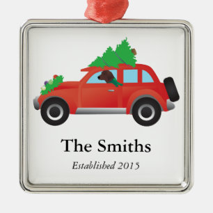 Redbone Coonhound Dog Driving a Christmas Car Metal Tree Decoration