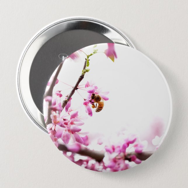 Redbud & honeybee in Springtime 10 Cm Round Badge (Front & Back)