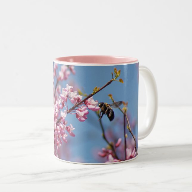 Redbud Tree Pink Floral Bee Two-Tone Coffee Mug (Front Right)