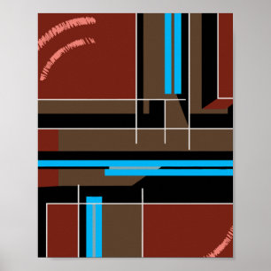 Reddish Brown Geometric Design with Blue Lines Poster