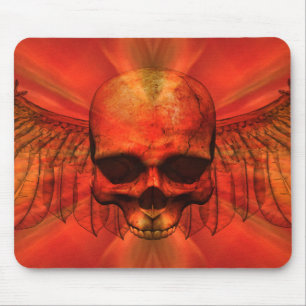 Reddish Orange Burst Winged Skull Mouse Pad