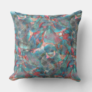 Reddish peach and cyan spots on sketchy rough wall cushion