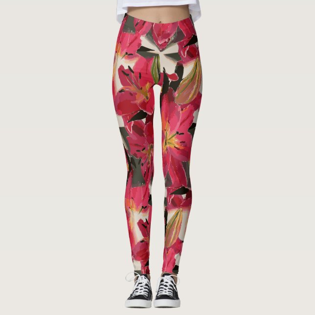 Reddish Pink Flowers Green Leaves White Background Leggings (Front)