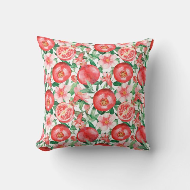 Reddish Pink Pomegranate Fruit and Small Flowers Cushion (Front)