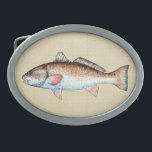 Redfish Oval Belt Buckle<br><div class="desc">This belt buckle wil be the pride and joy of the avid southern fishing enthusiast. The buckle features an artistic redfish drawn by hand on the computer on a natural tan background.</div>