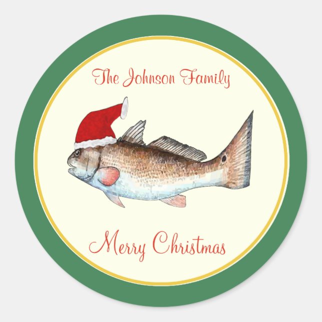 Redfish Santa Hat Christmas Green Classic Round Sticker (Front)