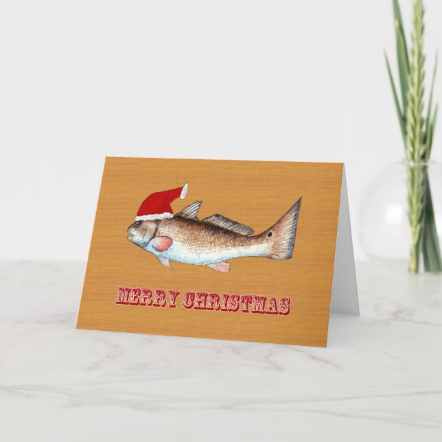 Redfish Santa Hat Christmas Holiday Card (Front)
