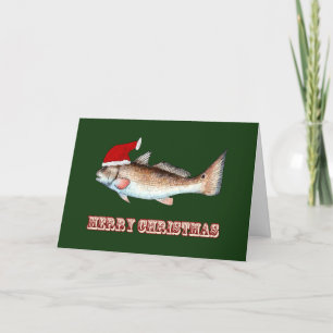 Redfish Santa Hat Christmas on Green Holiday Card