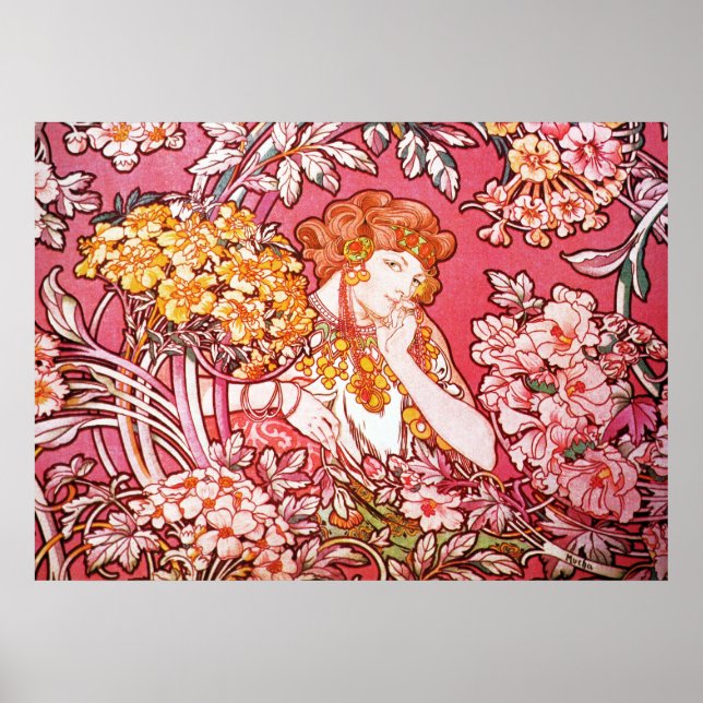 Redhead Among Flowers, Alphonse Mucha Poster (Front)