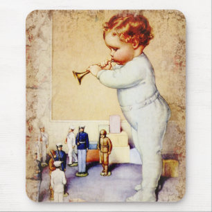 Redhead Baby Boy Blowing Horn to Soldiers Mouse Pad