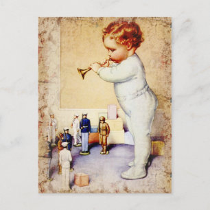 Redhead Baby Boy Blowing Horn to Soldiers Postcard