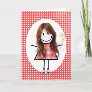 Redhead Birthday Stick Figure Girl On Gingham  Card
