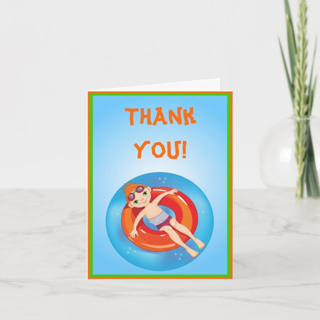 Redhead Boy Pool Party Thank You Note Card (Front)