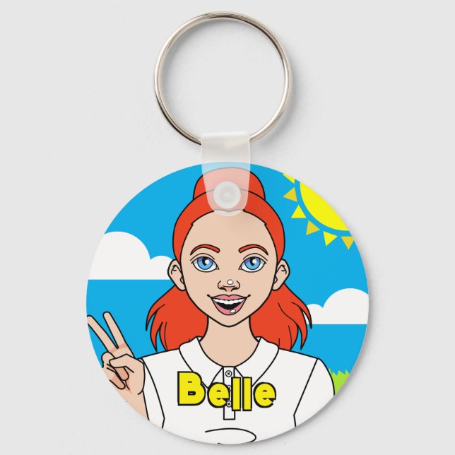 Redhead Cartoon Girl School Student Name Key Ring (Front)