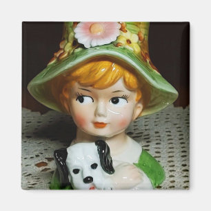 Redhead Child & Puppy Little Girl Lady Head Vase Magnet