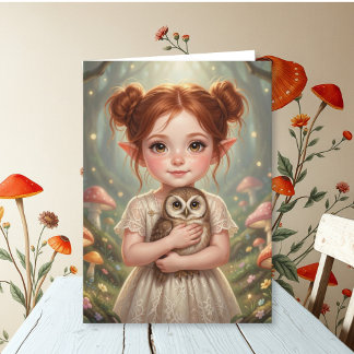 Redhead Fairy and Owl Girl's Cottagecore Birthday  Card