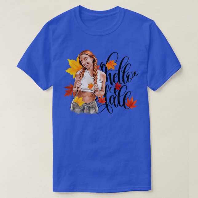 Redhead Fashion Girl in Fall Leaves and Motivation T-Shirt (Design Front)