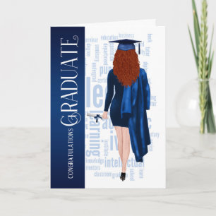 Redhead Female Blue Cap and Gown Graduate Card