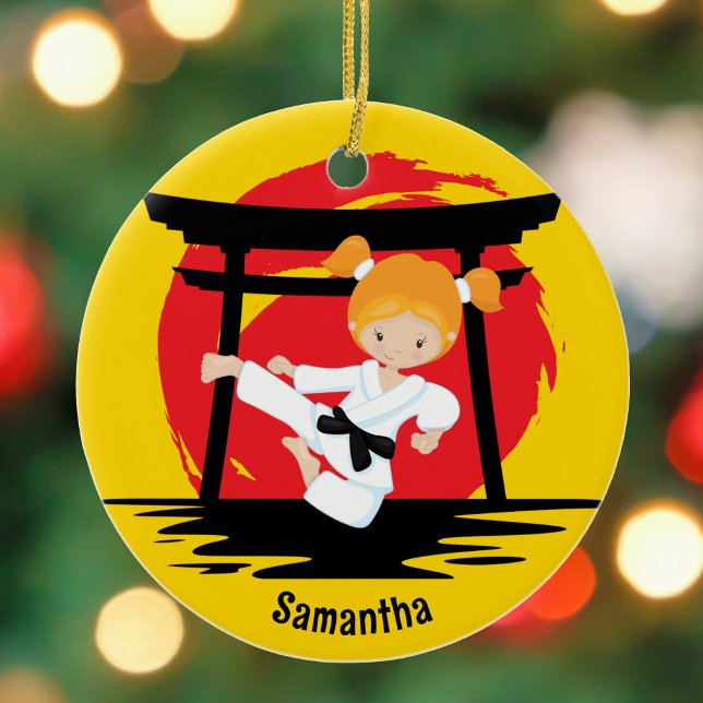 Redhead Karate Girl Custom Kids Name Christmas Ceramic Ornament (Creator Uploaded)