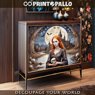 Redhead lady of cursed skulls in gothic landscape tissue paper