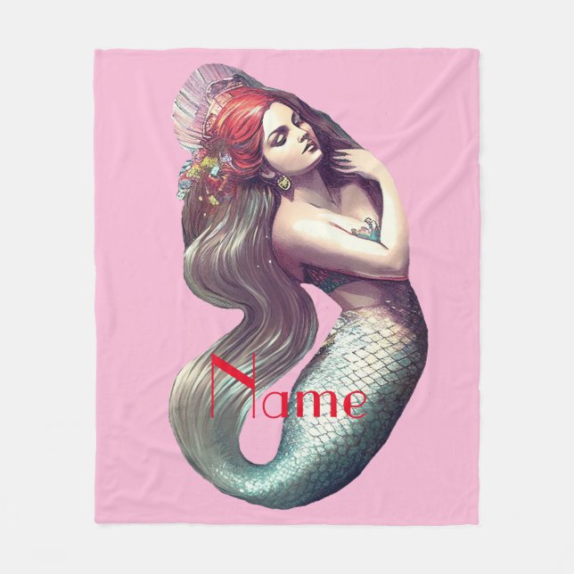 Redhead Mermaid Beauty Thunder_Cove Fleece Blanket (Front)