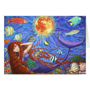 Redhead Mermaid in Corset with Moon and Fish