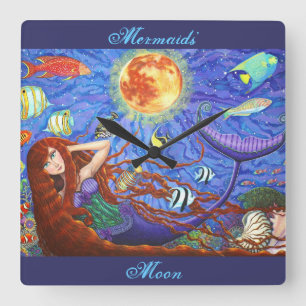 Redhead Mermaid in Corset with Moon and Fish Square Wall Clock