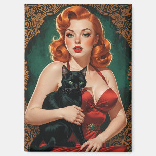 Redhead Pin-Up and Black Cat  Magnet