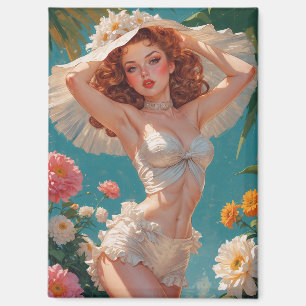 Redhead Pin-Up Daisy Hat Floral Magnet