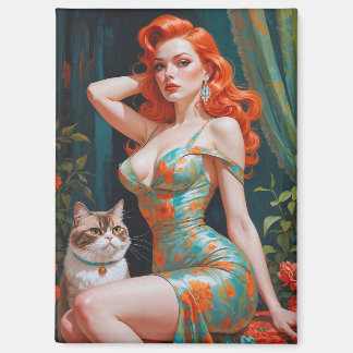 Redhead Pin-Up with Cat Floral Magnet