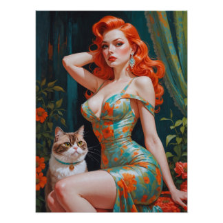 Redhead Pin-Up with Cat Floral Poster