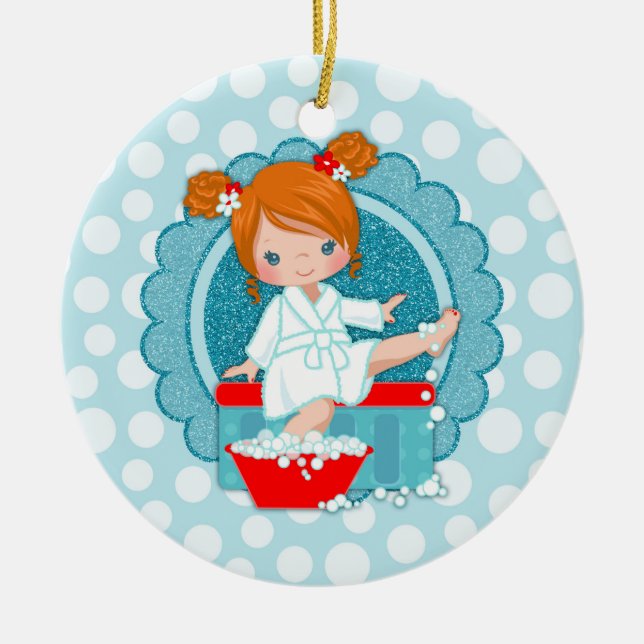 Redhead Spa Girl Bubbles Turquoise Red White Ceramic Ornament (Front)