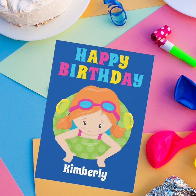 Redhead Swim Girl Custom Pool Party Happy Birthday Card (Creator Uploaded)