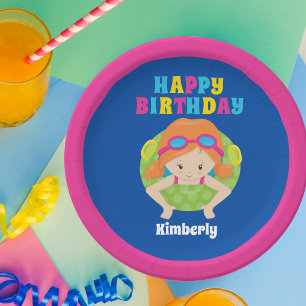 Redhead Swim Girl Custom Pool Party Happy Birthday Paper Plate