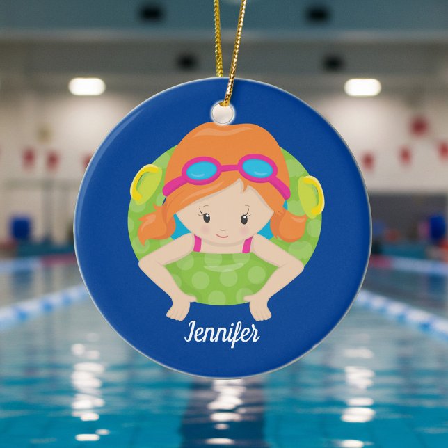 Redhead Swim Team Girl Cute Custom Blue Ceramic Ornament (Creator Uploaded)