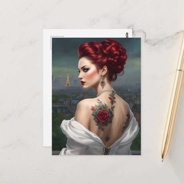 Redhead Tattooed Woman in Paris Postcard (Front/Back In Situ)
