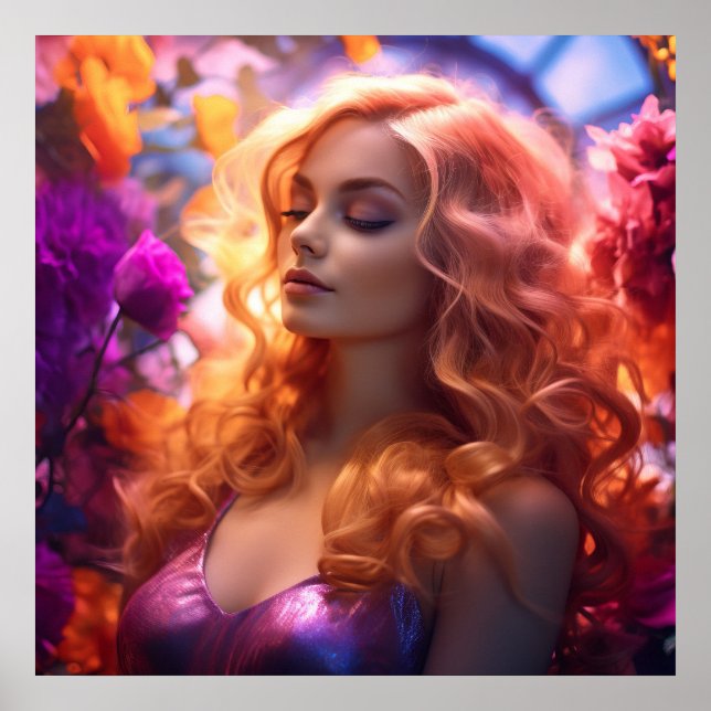 Redhead Woman & Flowers Poster (Front)