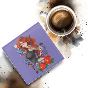 Redhead Woman Tattoos Glass Coaster