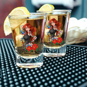 Redhead Woman Tattoos Shot Glass