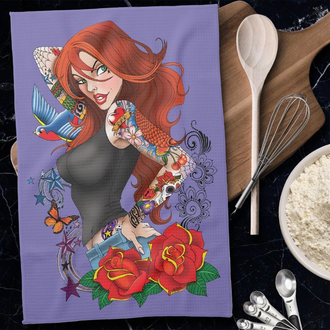 Redhead Woman Tattoos Tea Towel (Creator Uploaded)