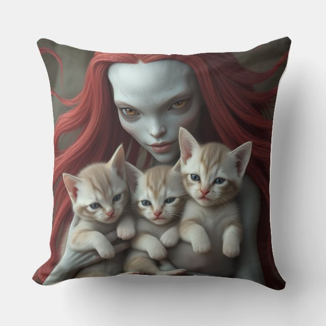 Redheaded Alien Holding Kittens Cushion (Front)