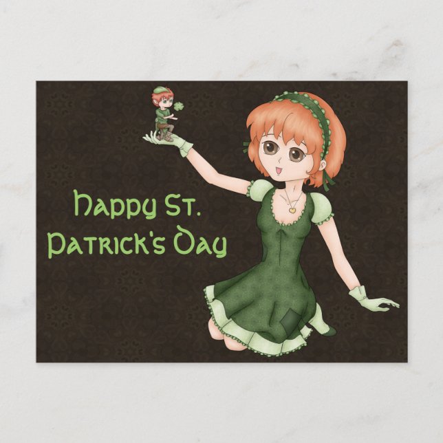 Redheaded Anime Girl And Leprechaun Postcard (Front)