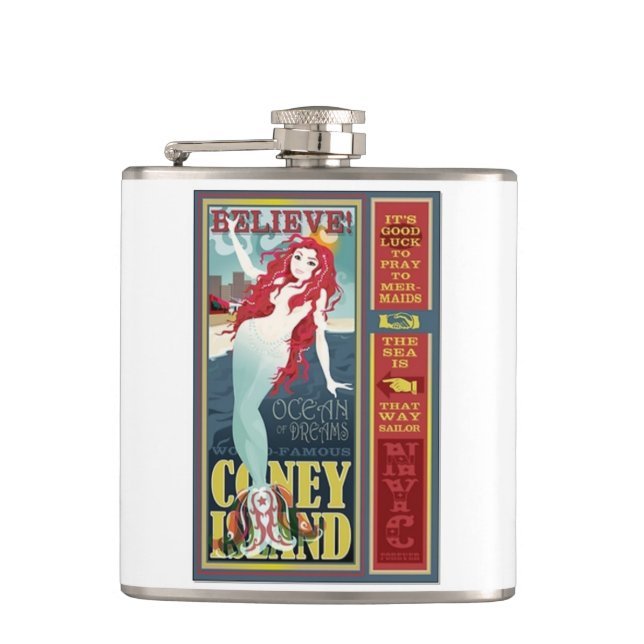 redheaded coney island mermad hip flask (Front)