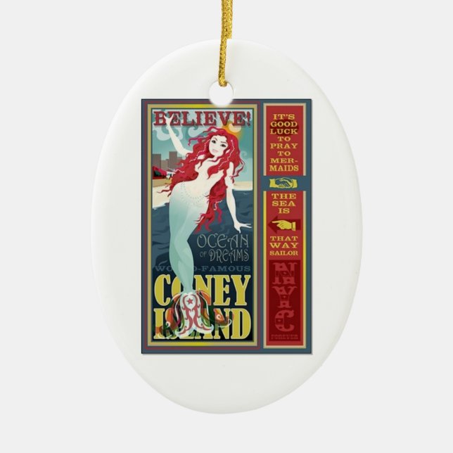 redheaded coney island mermaid beauty ceramic tree decoration (Front)