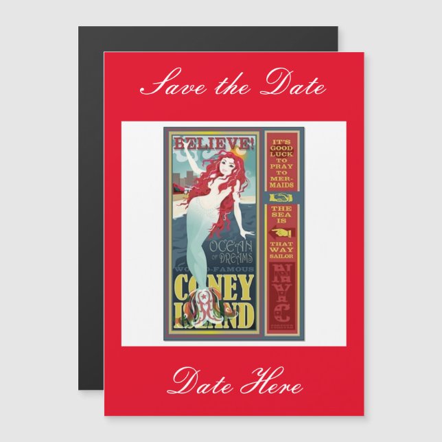redheaded coney island mermaid magnetic invitation (Front/Back)